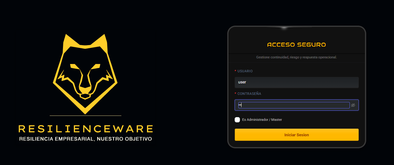 Pantalla de acceso de la plataforma Resilienceware